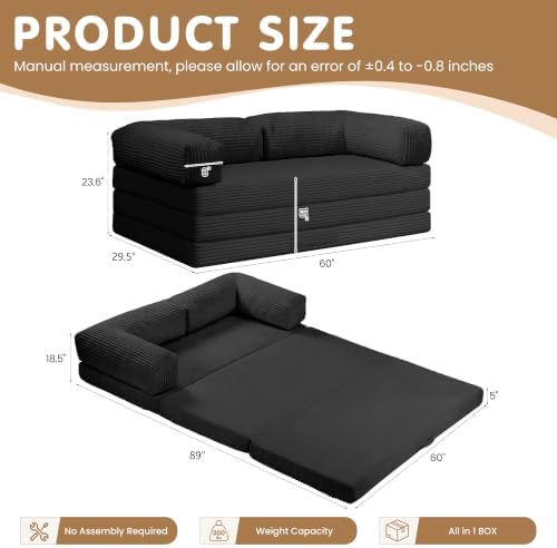 Convertible Sofa Bed Queen,5-in-1 Tri-Fold Boneless Couch with Removable Armrests & Handle,Corduroy Futon Sleeper Sofa,Floor Folding Mattress Pull Out Bed for Small Space Living Room Bedroom,Black - Image 2