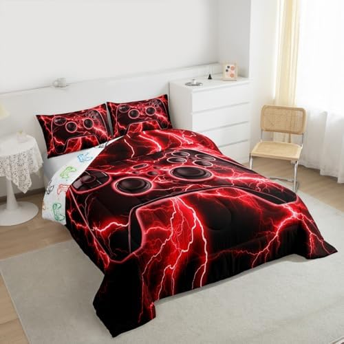 Erosebridal Gaming Comforter Set Gamer Twin Bedding Sets for Girls, Retro Game Console Comforter Red Lightning Quilt,Kids Bedroom Decor - Image 2