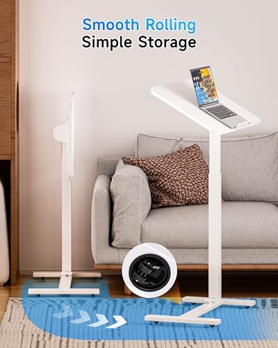 BIZUM Mobile Standing Desk Laptop Desk Pneumatic with Wheels 180° Tilt Top Hospital Bed Table Portable Rolling Cart Foldable Bedside Table for Hospital&Home Use, White - Image 4