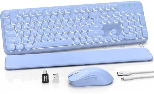 Wireless Keyboard and Mouse Combo, Backlit Round Keycaps, Retro Typewriter Keyboard with Detachable Wrist Rest, Rechargeable & Tilt Legs, 2.4GHz Cordless Connection for Windows/PC (Glowing Purple) by SABLUTE