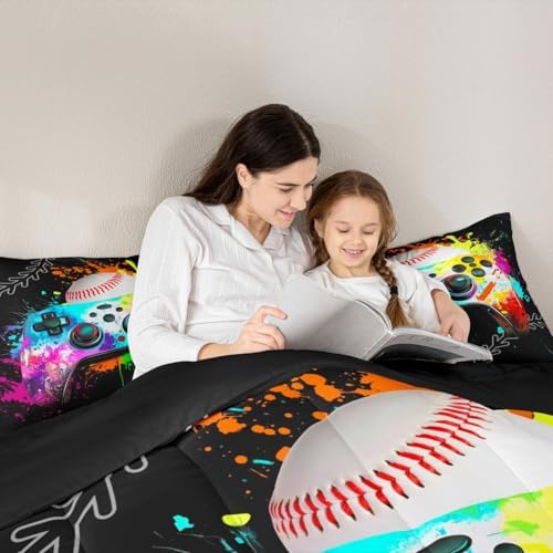 Erosebridal Gaming Bedding Set - Baseball Full Comforter Set, Watercolor Game Console Comforter Set, Rainbow Tie Dye Sports Bedding Set for Boys, Gamer Decor for Boys' Bedroom - Image 3