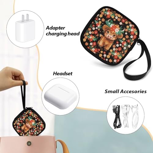 Floral Print Highland Cow Earphone Case Earbuds Small Carrying Cases Portable Headphone Organizer Storage Pouch Bag with Handle - Image 6