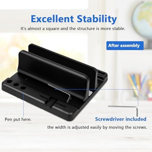Vertical Laptop Stand Holder, ABS Organizer with Adjustable Dock, 3/4 in 1 Design Extra Storage Space-Saving, Sturdy Laptop Computer Holder for PC, MacBook, Mini PC, iPad (Black, 1 Slot) - Image 6