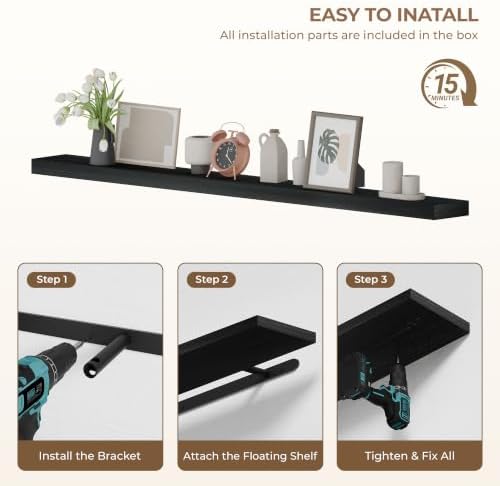 60 inch Long Black Floating Shelves Set of 1 | Solid Wood Large Wall Shelves with Invisible Brackets for Living Room, Bedroom, Bathroom, Kitchen, Laundry Room (Black, 60 Inch) - Image 7