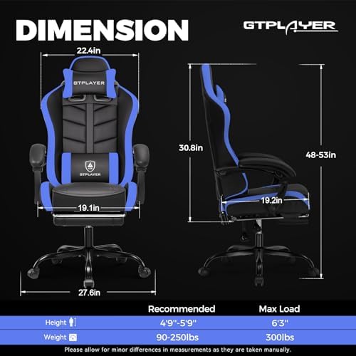 GTPLAYER Gaming Chair, Ergonomic Game Computer Chairs with Foot Rest for Adults, Adjustable PC Game Chair with Reclining Function and Comfortable Headrest for Home and Office Use (Blue) - Image 3