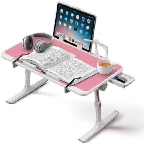 Lap Desk with Cooling Fan, LED Light and USB Port, Adjustable Laptop Desk with Storage Drawer, Foldable Laptop Table for Bed Sofa Work Study, Portable Computer Desk (Pink) by PHANCIR