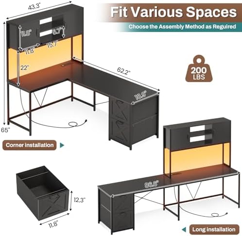 SEDETA Reversible L Shaped Corner Gaming Desk with Drawers, Led Lights - Image 2