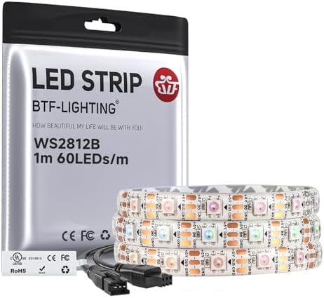 BTF-LIGHTING WS2812B IC RGB LED Strip,UL Listed,Pure Gold Wires,DC5V 3.28FT 60LED 5050SMD,Individually Addressable,Flexible for DIY Chasing Full Color Project,3M Tape,IP65(No Adapter or Controller) by BTF-LIGHTING