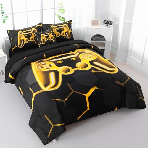 6 Pieces Gamer Comforter Set Full Size 3D Game Console Kids Bedding Set for Boys Black and Gold Gaming Comforter Set with Sheets Gamepad Printed Teen Boy Bed Sets (Gold, Full) - Image 2