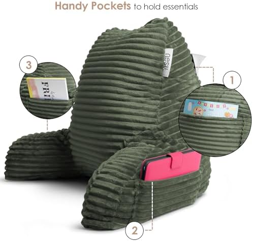 Nestl Reading Pillow with Shredded Memory Foam, Luxe Cut Plush Back Pillow for Sitting Up in Bed, Back and Arms Adjustable Support for Adult & Teens, Backrest Pillows with Washable Cover Olive Green - Image 6