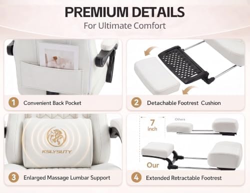 Office Desk Computer Gaming Chair for Adults, Ergonomic High Back Gamer Chair with Massage and Pocket Spring Cushion, Swivel Comfy Video Game Chairs with Footrest and Lumbar Supporrt (Pro White) - Image 5