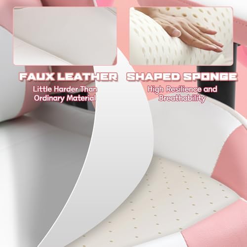 ECOTOUGE Pink-White Ergonomic High Back PC Gaming Chair with Footrest | Reclining Racing PU Leather, Adjustable Height, 360° Swivel, Sturdy Base, Headrest, Lumbar Pillow, for Girls, Women, Office - Image 4