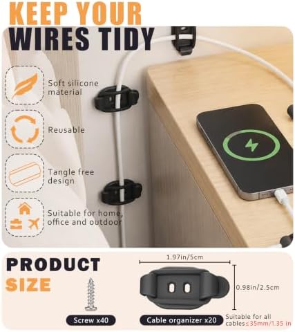 20 Pack Cable Management Clips, Adhesive Cord Holder Organizer - Image 2
