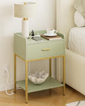 Masupu Nightstand with Charging Station,3-Tier Modern Bedside Night Stand with Storage Drawer and Shelf,Small End Side Table for Bedroom,Living Room,Gold and Green by Masupu