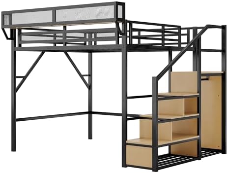 KEIKI Queen Size Metal Loft Bed Frame with Convertible Staircase, Built-in Storage Shelves and Wardrobe, Loft Bed with Solid Slats, Guardrail, No Box Spring Required, Easy Assembly, for Bedroom, Black - Image 5