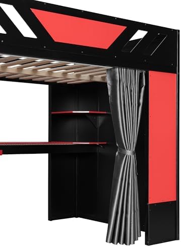 Merax Full Size Loft Bed with Desk and Storage Shelves, Gaming Loft Bed Frame with USB Charging Station and Curtains, Space Saving Loft Bed for Teens Bedroom, Black + Red - Image 6