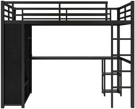 Bellemave Metal Full Size Loft Bed with Desk and Wardrobe,Heavy Duty Loft Bed Frame with Storage Shelves for Kids,Teens,Adults, Space Saving,Black - Image 5