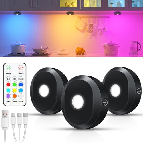 WILLED RGB Under Cabinet Lights,Rechargeable Puck Lights with Remote Control, Wireless Push Light with Timer Function,Dimmable LED Touch Tap Light for Kitchen,Cabinet,Closet, Counter,3 Pack by WILLED