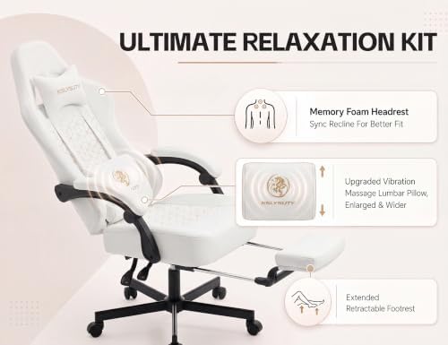 Office Desk Computer Gaming Chair for Adults, Ergonomic High Back Gamer Chair with Massage and Pocket Spring Cushion, Swivel Comfy Video Game Chairs with Footrest and Lumbar Supporrt (Pro White) - Image 3