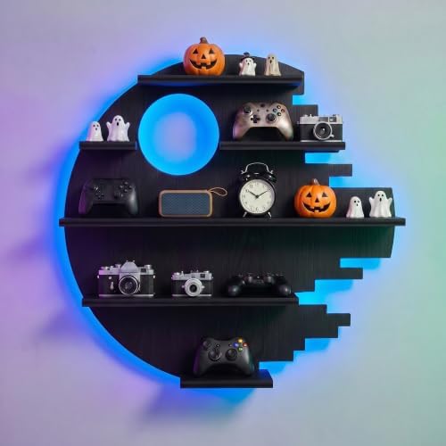 Black Floating Shelves with LED Light Game Room Wall Decor Shelf Boys Gift by FNYDOX