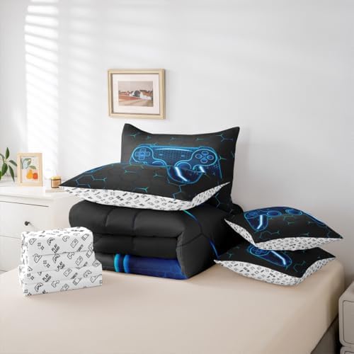 Feelyou Gamer Comforter Set with Sheets for Kids Boys Teens Game Controller Bed in a Bag Gaming Gifts 7 Piece Bedding Set Full Size for All Season,Blue Bed Set - Image 5