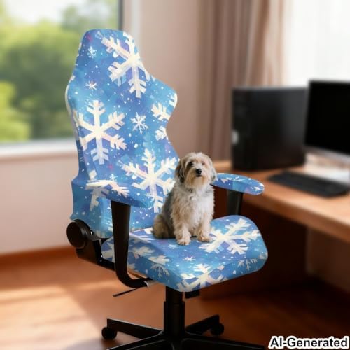 Snowflake Gaming Chair Covers Set of 4 Blue Game Chair Covers Stretchable Christmas Snowflake Computer Armchair Slipcover with Armrest Protectors for Home, Office, Workstation - Image 3