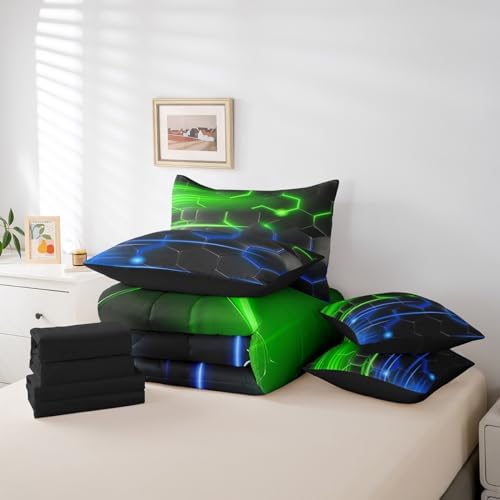 Feelyou Honeycomb Bedding Set Geometrical King Comforter Set with Sheets for Kids Boys Girls Teens Room Decor Modern Hexagon Theme Bed in a Bag 7 Piece Beehive Green Blue Bed Set - Image 6