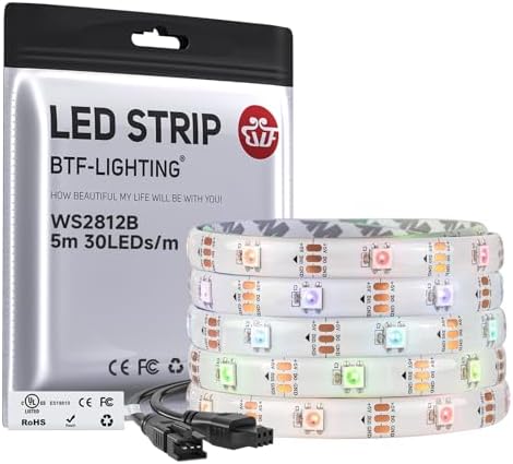 BTF-LIGHTING WS2812B IC RGB LED Strip,UL Listed,Pure Gold Wires,DC5V 16.4FT 150LED 5050SMD,Individually Addressable,Flexible for DIY Chasing Full Color Project,3M Tape,IP65(No Adapter or Controller) by BTF-LIGHTING