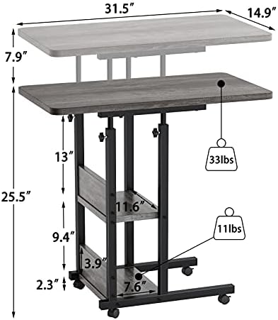 Armocity Height Adjustable Side Table, 32 Inch C Shaped End Table with Storage, Portable Mobile Rolling Sofa Side Table with Wheels for Living Room Bedroom, Grey - Image 3