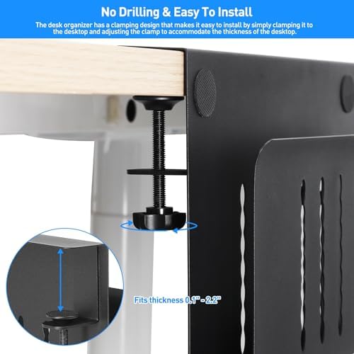 MAXECHO Desk Side Storage, Under Desk Laptop Mount, Table Side Hanging File Organizer, No Drill Clamp On Cable Management Tray, Laptop Holder with Magnetic Pen Holder for Office and Home, Load 22 Lbs - Image 2