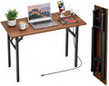 Folding Table Computer Desk - 43.3" No Assembly Folding Desk with Power Outlets & USB Charging Port, Small Desk, Foldable Office Desk, Compact Storage Portable Use for Small Space, Dark Walnut by HMFOR