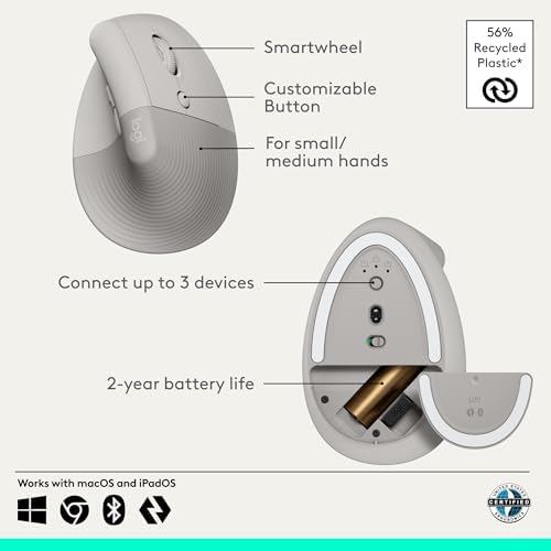Logitech Lift Vertical Ergonomic Wireless Mouse - Sand - Image 6