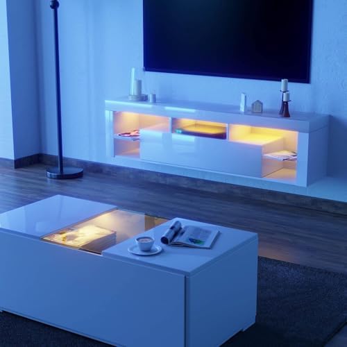 Gitua 63 in Floating TV Stand Wall Mounted, High Gloss LED Floating Entertainment Center with Storage&Adjustable Glass Shelf, TV Stand for TVs up to 75 Inch, Gaming Media Center Console Table, White - Image 5