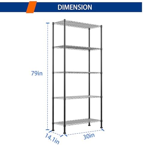 REGILLER 5-Wire Shelving Metal Storage Rack Adjustable Shelves,Standing Storage Shelf Units for Laundry Bathroom Kitchen Pantry Closet(Black,14.1" D x 30" W x 79" H) - Image 3