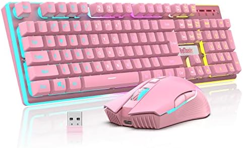 RedThunder K10 Wireless Gaming Keyboard and Mouse Combo, LED Backlit Rechargeable 3800mAh Battery, Mechanical Feel Anti-ghosting Keyboard + 7D 3200DPI Mice for PC Gamer (Pink) by RedThunder