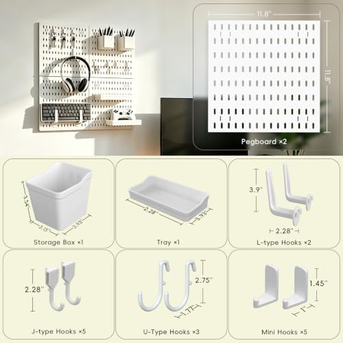 2 Pack 11.8 Inch White Peg Board Wall Organizer, Modular Plastic Wall Mount Storage Panels with Hooks, Heavy Duty Space Saving Pegboard for Home Kitchen Office Craft Room Gaming Setup - Image 2