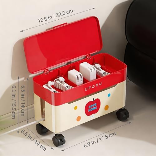 2-Tier Rolling Cable Management Box with Wheels (Large) – Mobile Power Strip Hider & Cord Organizer – Under Desk Wire Concealer & Charging Station Organizer – Baby & Pet Proof Safety (Apple Red) - Image 4