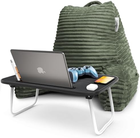 Nestl Olive Green Reading Pillow with Bed Desk for Laptop and Writing, Luxe Cut Plush Back Pillow for Sitting Up, Back and Arms Adjustable Support for Adult and Teens, Foldable Lap Desk for Bed 22x14” by Nestl