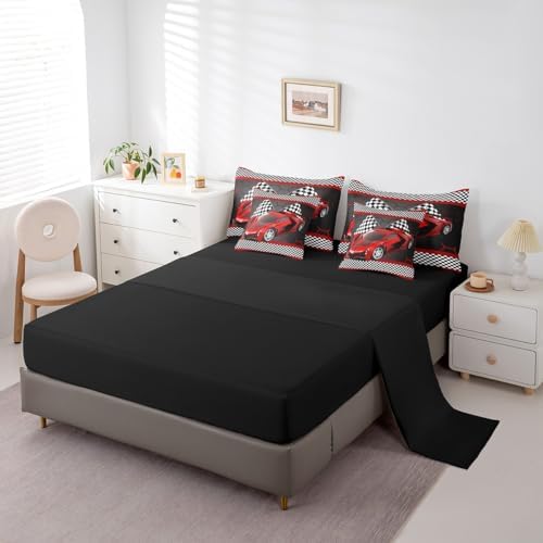 Feelyou Race Car Queen Comforter Set with Sheets for Kids Boys Black White - Image 4