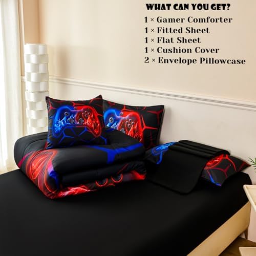 ZRNBAST 6-Piece Gamer Comforter Set Queen Size Red and Blue Gaming Bedding Sets for Boys with Sheets Soft Fluffy Game Console Design Bed in a Bag (Red Blue, Queen) - Image 4