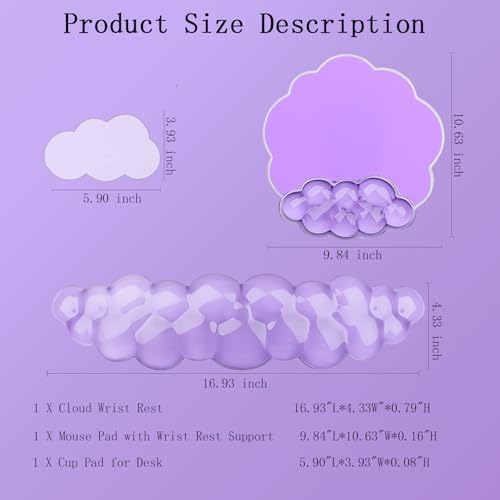 Gel Cloud Wrist Rest Keyboard Clear Purple Mouse Pad with Wrist Rest Set 3PCS Ergonomic Cool Keyboard Wrist Pad Cute Acrylic Coaster Non-Slip Base Cute Transparent Mouse Wrist Pad Support for Computer - Image 6