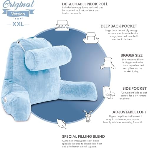 Husband Pillow XXL The Original for Adults - 30" Tall Backrest for Sitting Up in Bed - Firm Support Reading & Bed Rest Pillows for Adults, Neck Roll, Removable Cover - TV - Sky Blue - Image 5