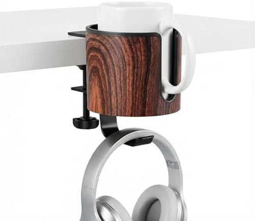 2-in-1 Desk Cup Holder with Headphone Hanger(Wooden Design) by HOMEOFFICEORGANIZER
