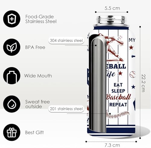 Baseball Water Bottle 32oz, Sport Travel Stainless Steel Tumbler With Lid, Double Wall Vacuum Insulated Coffee Cup Travel Mug, Fathers Day Baseball Gifts for Boys Dad Husband Grandpa - Image 5