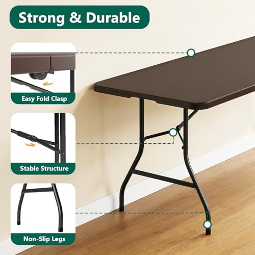 6FT Folding Table, Heavy Duty Plastic Fold-in-Half Utility Table with Handle, Portable Camping Picnic Table with Steel Legs for Indoor Outdoor Party, Dining, Brown,2 Pack - Image 4