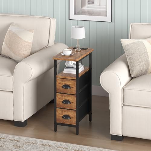 sthmec End Table with Charging Station,Narrow Side Tables with USB Ports and Outlets,Skinny Bedside Tables with 3 Drawers,Small Nightstands for Small Space,Slim Sofa Table for Livingroom,Rustic Brown - Image 2
