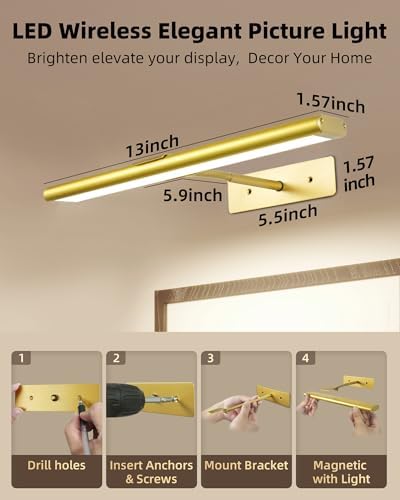 EZVALO Picture Light for Wall, 4800mAh Rechargeable Wireless Remote, 13‘’ Dimmable Magnetic LED Art Display Light with 3 Color Temperatures, for Gallery, Living Room, Bedroom, Hallway (Gold-2Pack) - Image 6