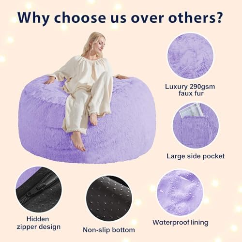 Bean Bag Cover (No Filler) - Faux Fur Beanbag Chairs Covers Only, Stuffed Animal Storage Bean Bag for Adults, Large Washable Beanbag Cover Without Filling, 5FT, Purple - Image 5