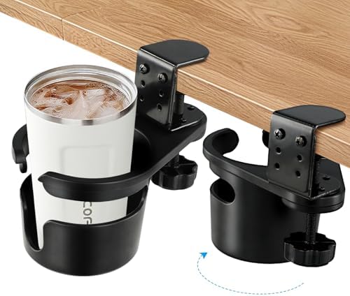 Upgraded Deeper Desk Cup Holder with 360° Rotation, Clamp Mount Design, Metal Office & PC Gaming Desk Accessories,Hidden Adjustable Drink Holder for Arm Chair,Coffee Cup by Unknown
