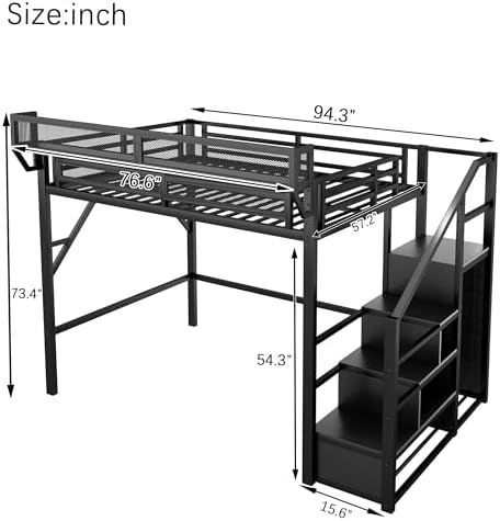 KEIKI Full Size Metal Loft Bed Frame with Convertible Staircase, Built-in Storage Shelves and Wardrobe, Loft Bed with Solid Slats, Guardrail, No Box Spring Required, Easy Assembly, for Bedroom, Black - Image 2